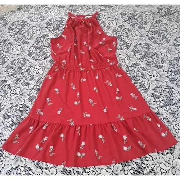 Loft Halter Dress L Brick Red Floral Elastic Waist High Neck Keyhole Back Summer - Picture 5 of 9
